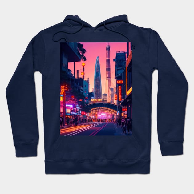 A bustling cityscape at twilight. Hoodie by MeriemBz